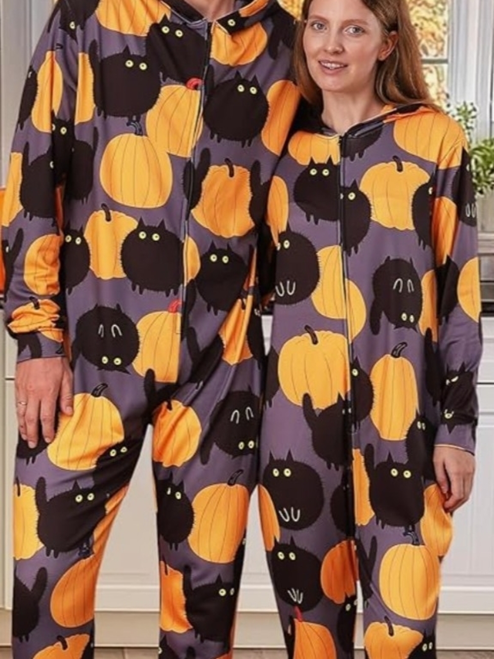 Women's Halloween black cat pumpkin pajama hooded one piece Sz M *new*